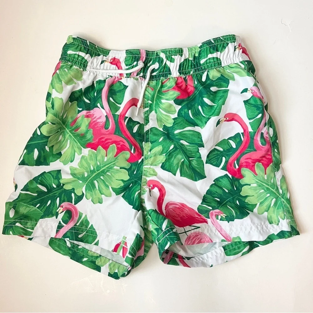 Janie and Jack Boys Green Flamingo Leaf Swim Trunks